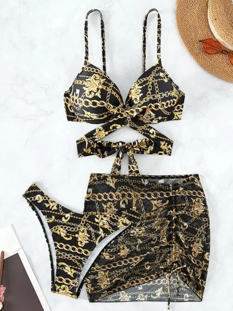 Black & Gold 3 piece bikini swimsuit set