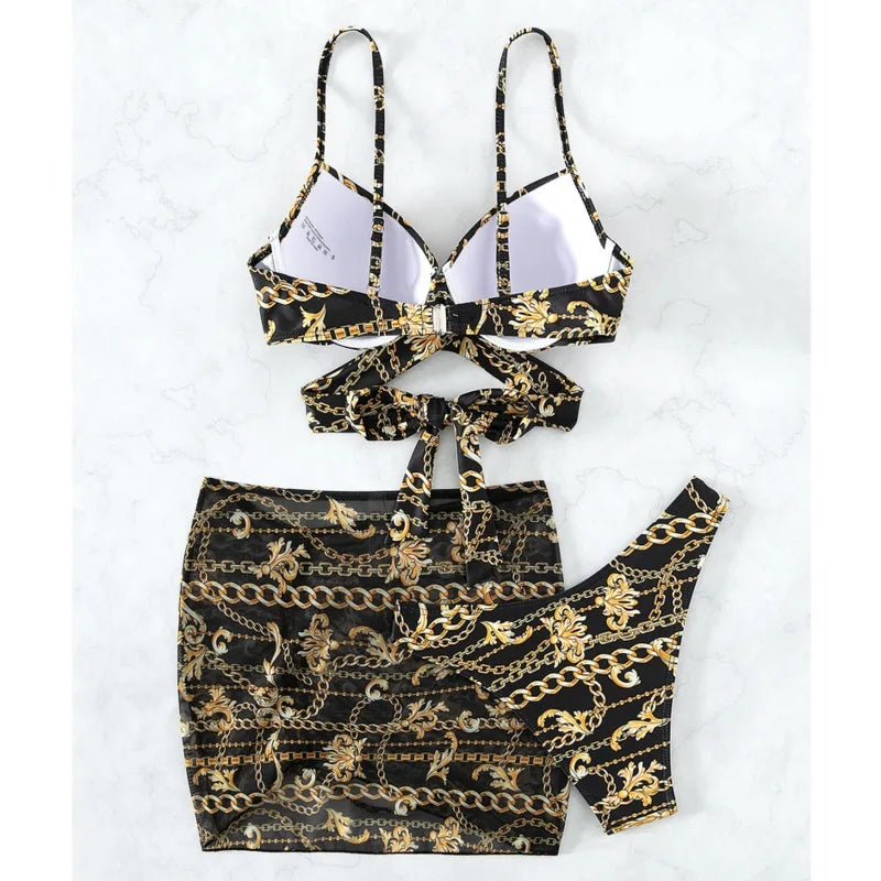 Black & Gold 3 piece bikini swimsuit set