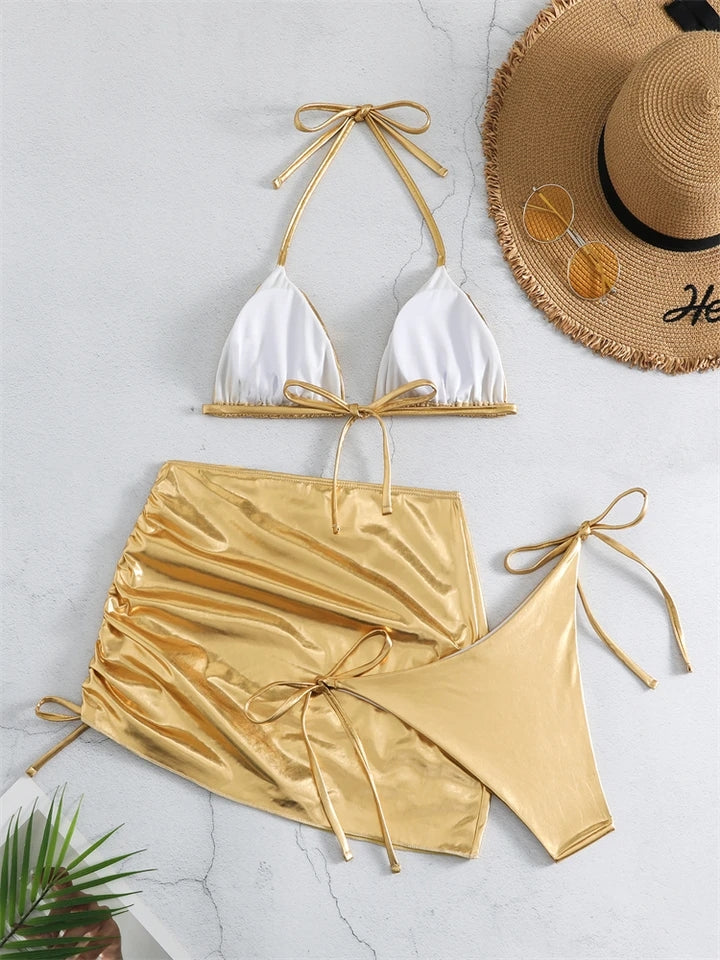 Gold 3 piece bikini swimsuit set