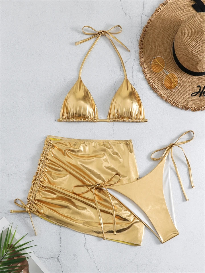 Gold 3 piece bikini swimsuit set