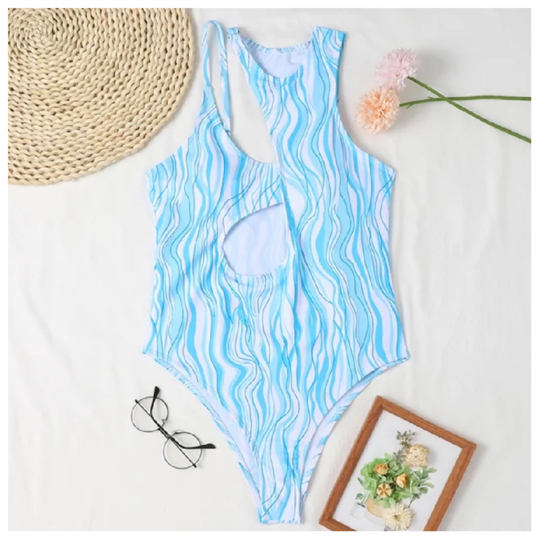 Blue & White One Piece Swimsuit