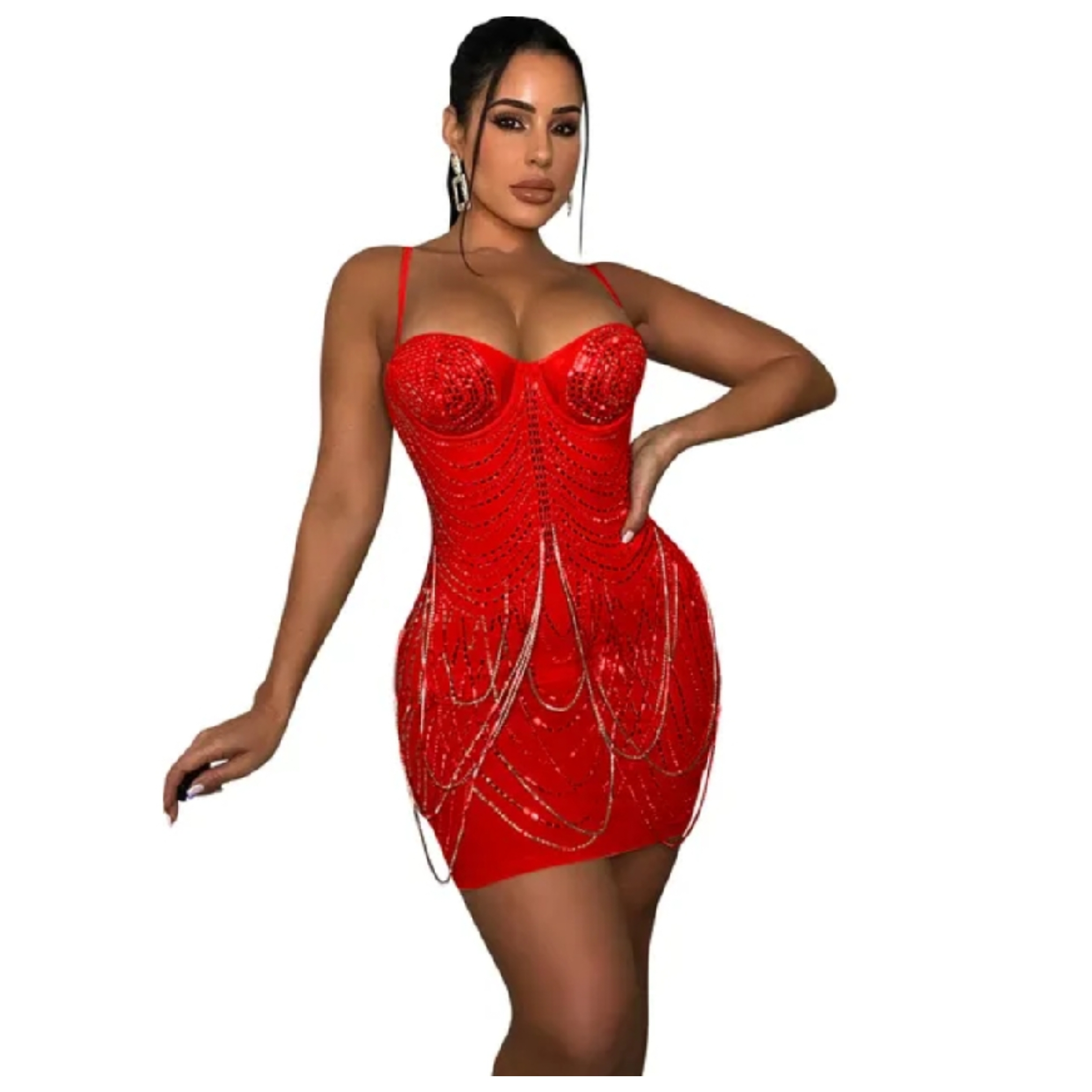 Red Studded Mesh Mini Dress foxxiladi Red Studded Mesh Mini Dress foxxiladi