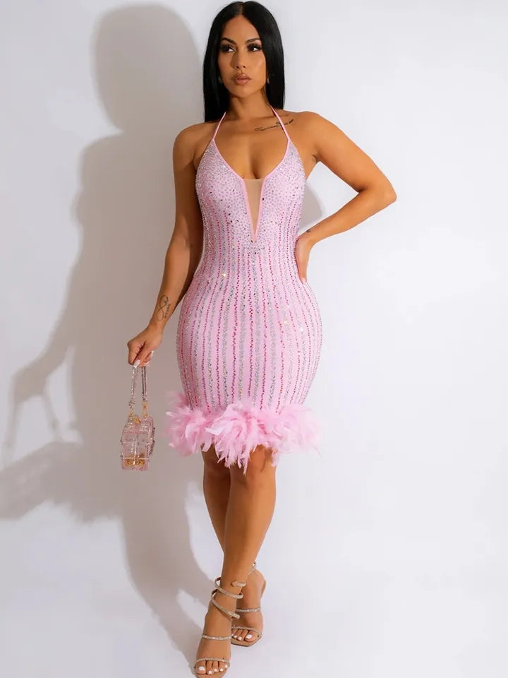 Pink Rhinestone Midi Feather Dress foxxiladi Pink Rhinestone Midi Feather Dress foxxiladi