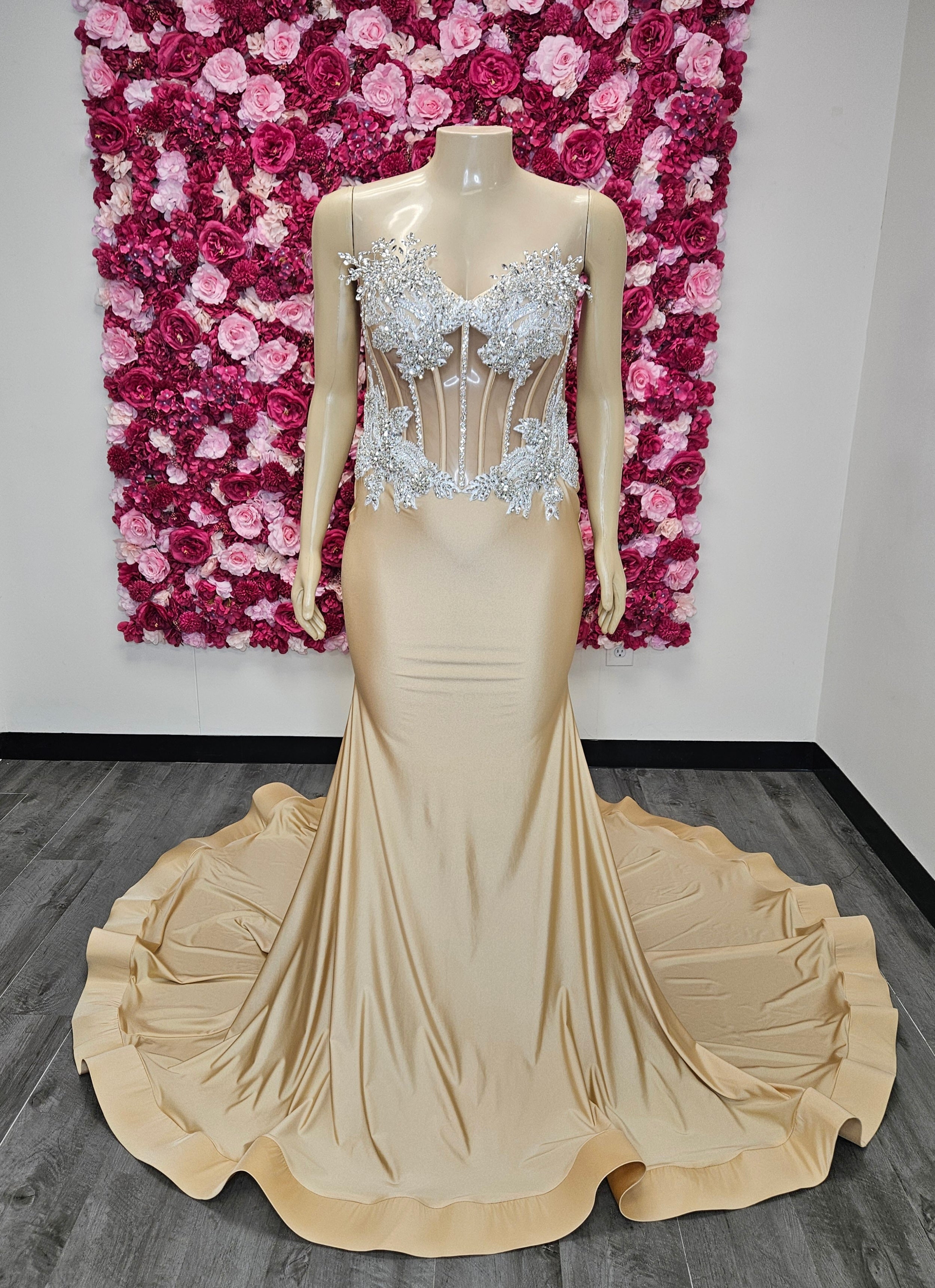 Champagne Nude Illusion Corset Mermaid Prom Gown – Ready-to-Ship