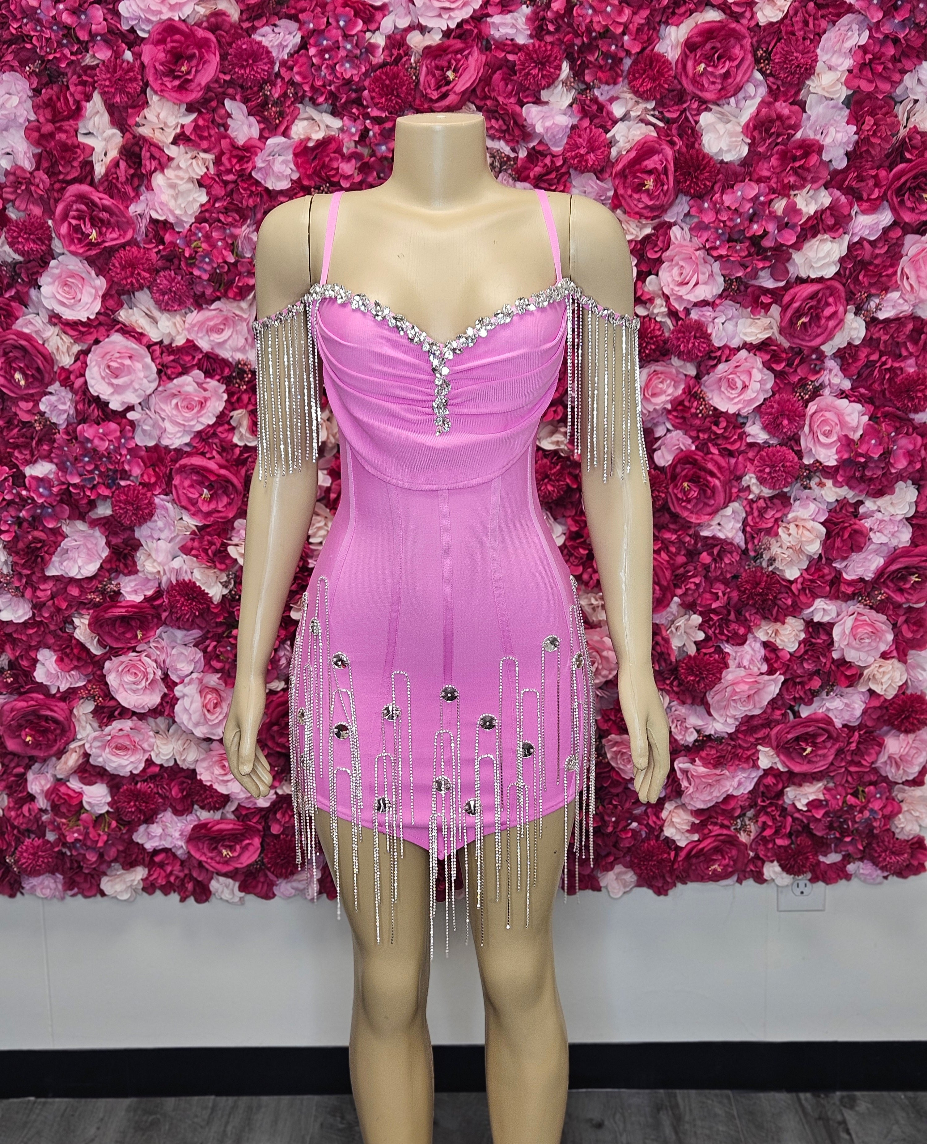 Pink Rhinestone Fringe Mini Dress | Birthday & Homecoming Dress
