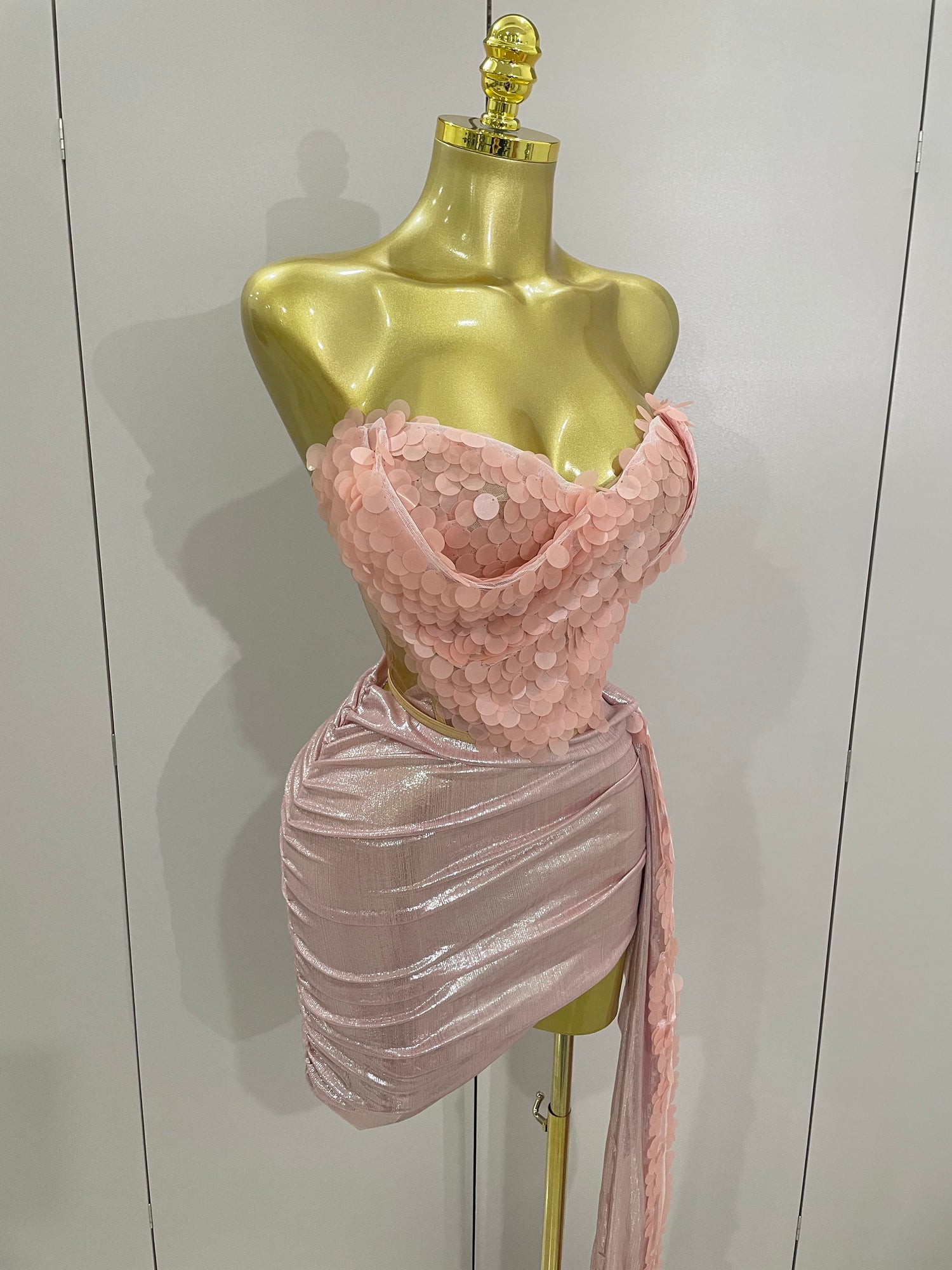 Pink 2 Piece Corset Top with Skirt Set