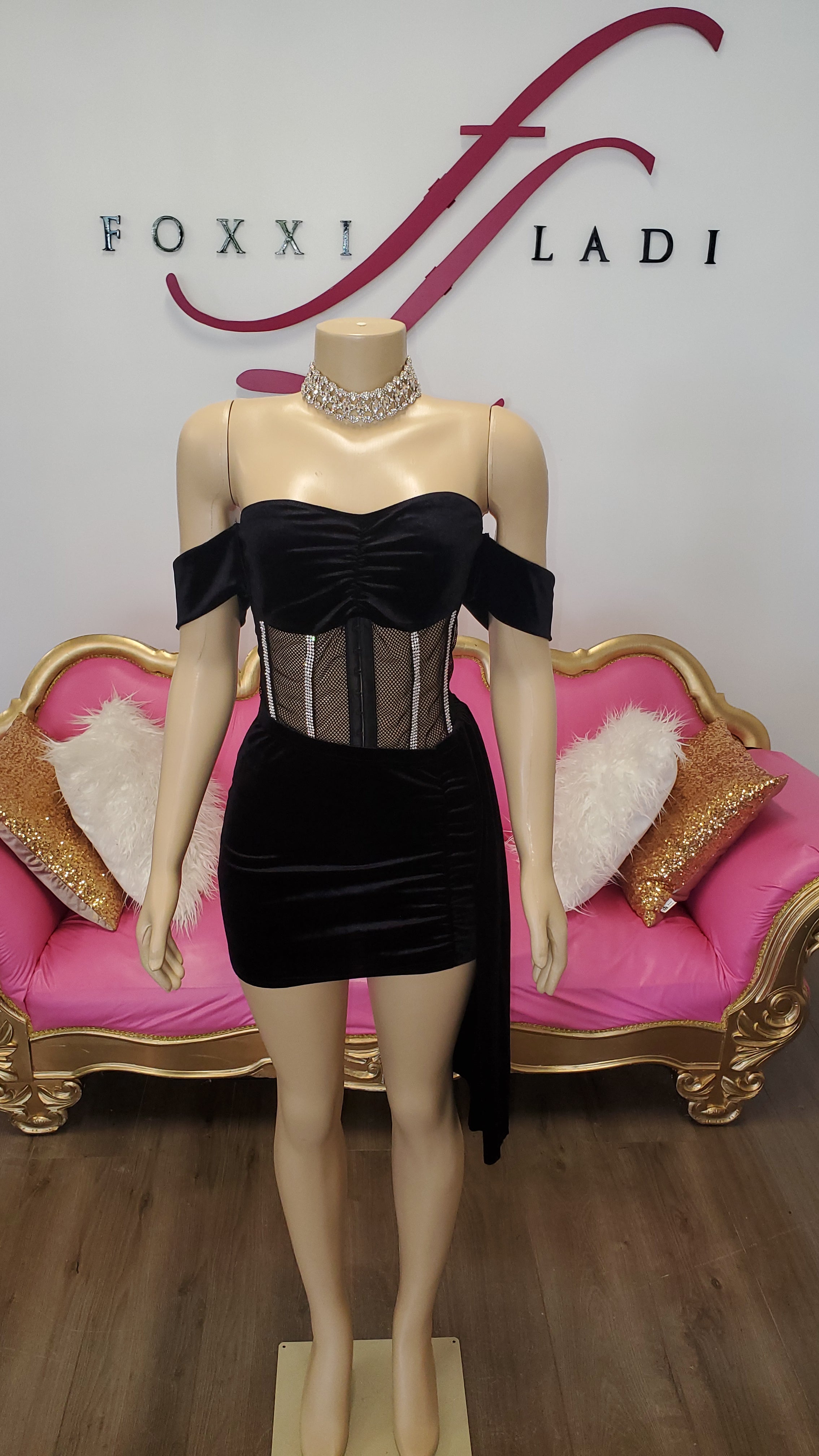 Black velvet mini skirt & Corset top