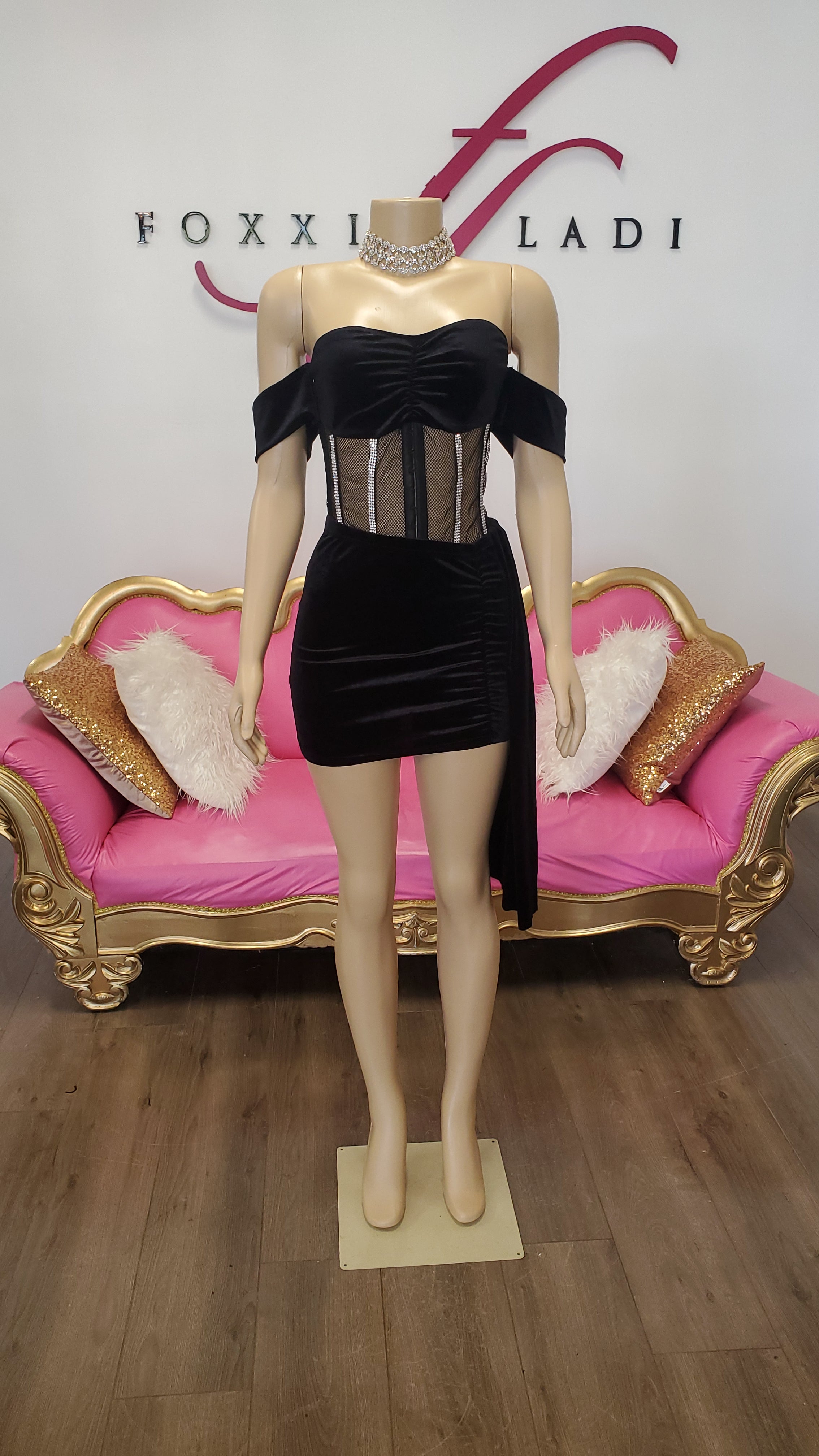 Black velvet mini skirt & Corset top