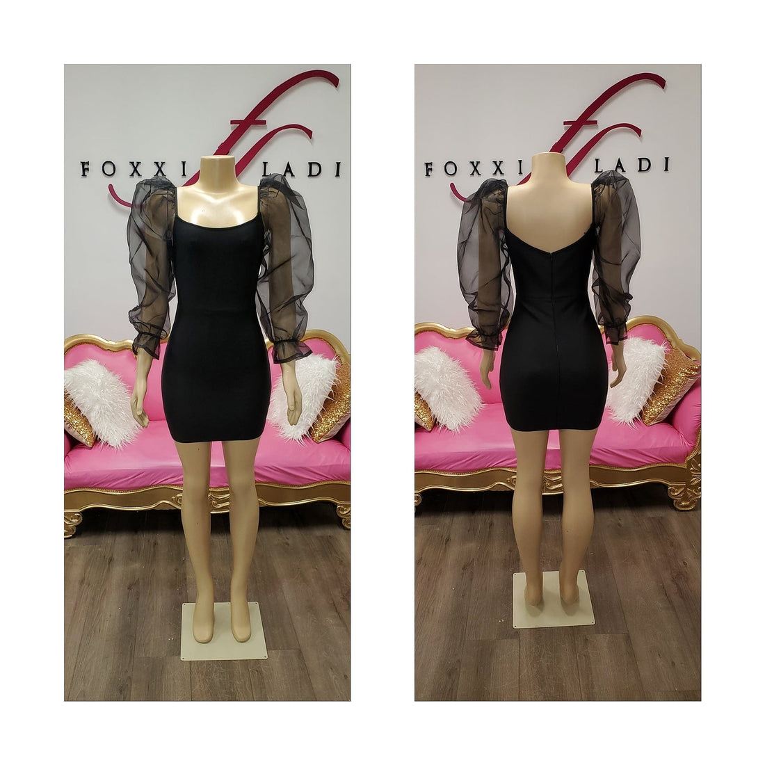 Black bandage dress with mesh puff sleeve