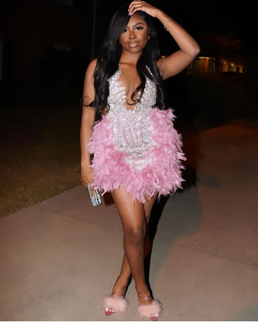 pink feather prom dress Near USA