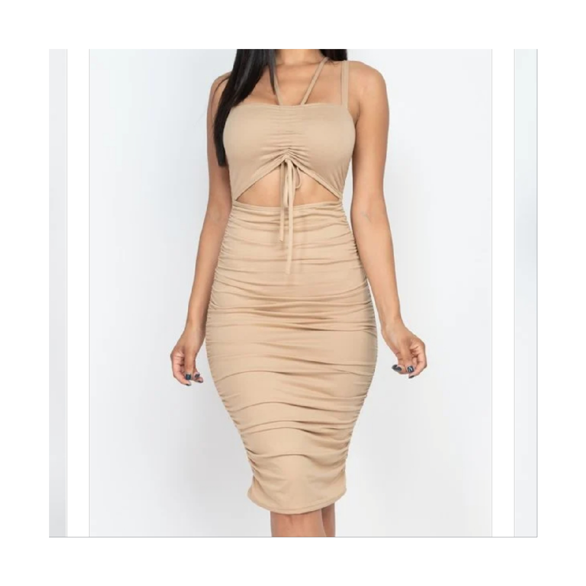 Tan ruched dress foxxiladi Tan ruched dress foxxiladi