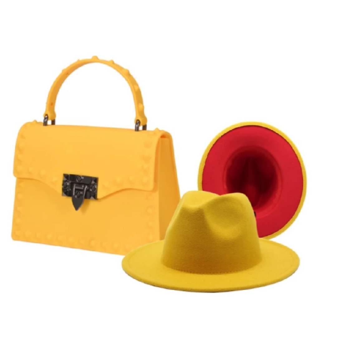 Yellow fedora hat with matching jelly purse