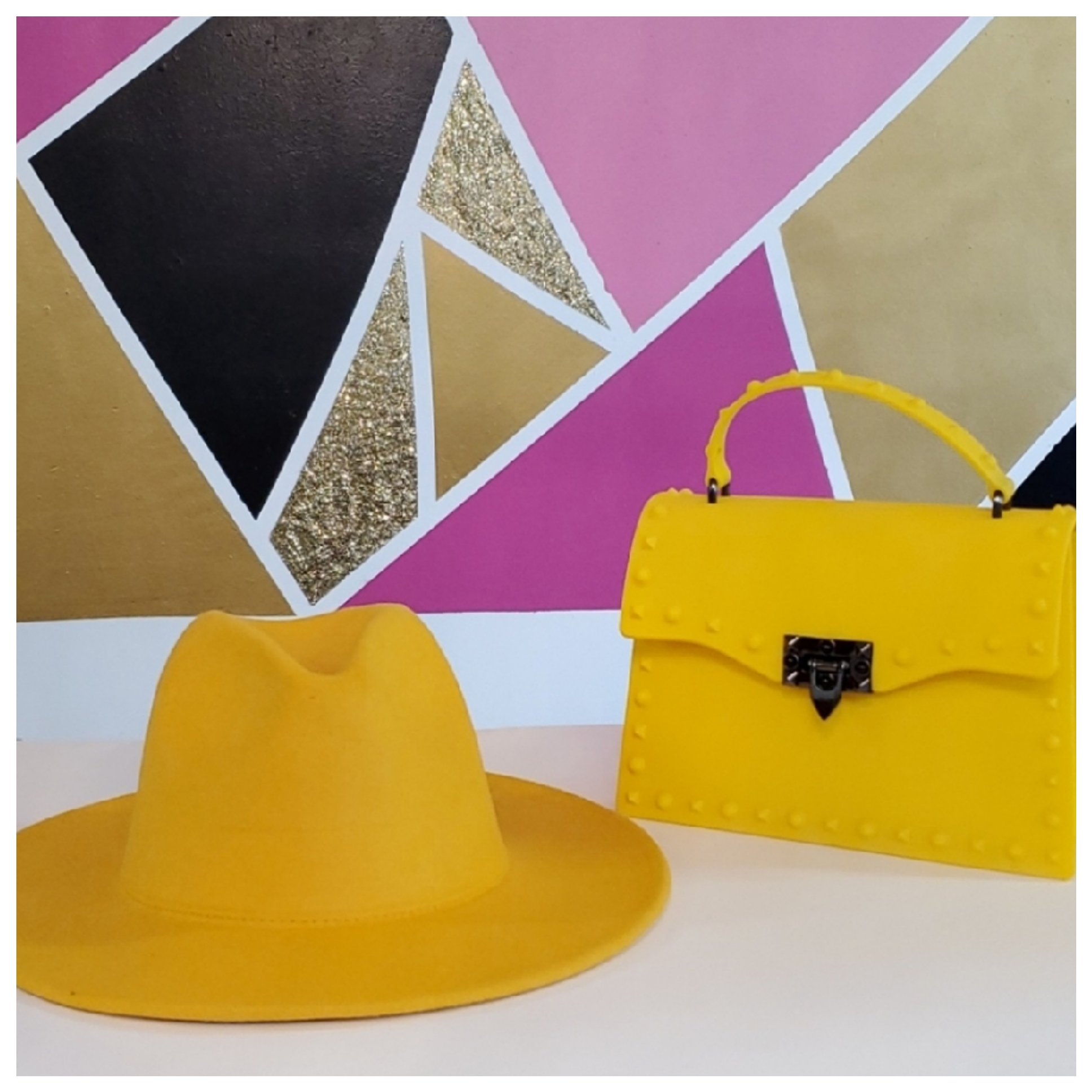 Yellow fedora hat with matching jelly purse