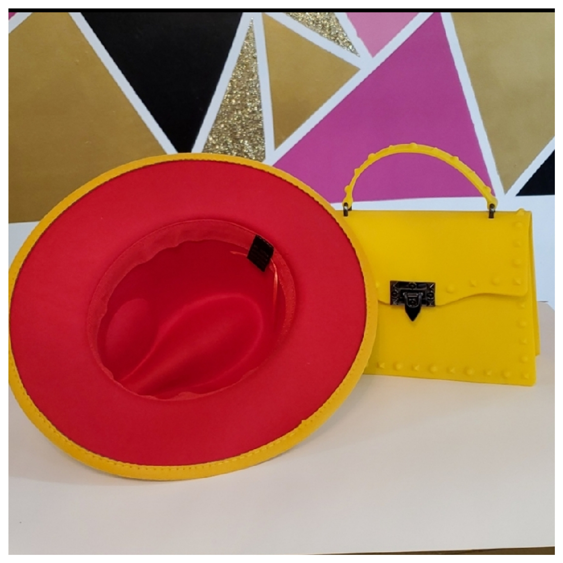 Yellow fedora hat with matching jelly purse