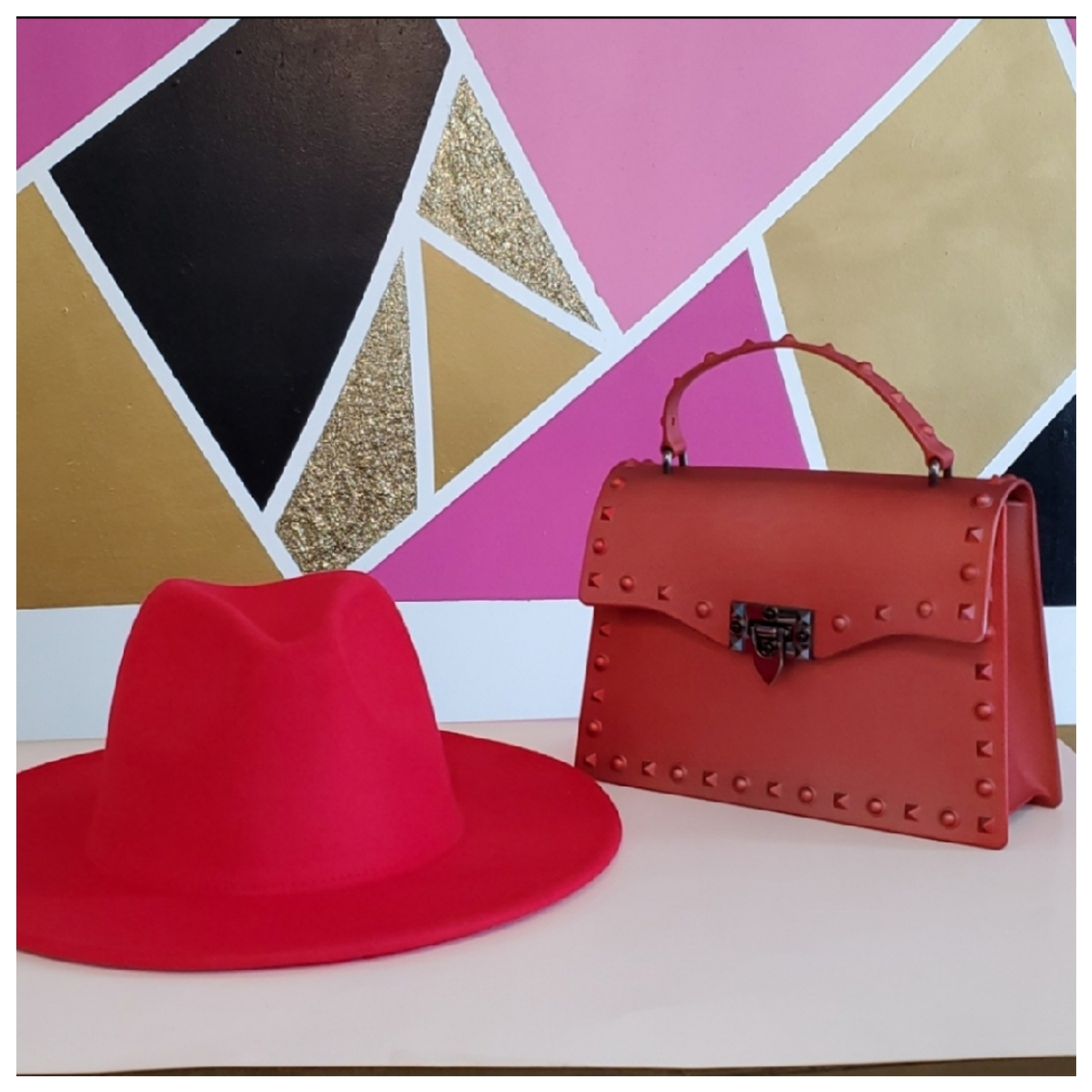 Red fedora hat with matching jelly purse
