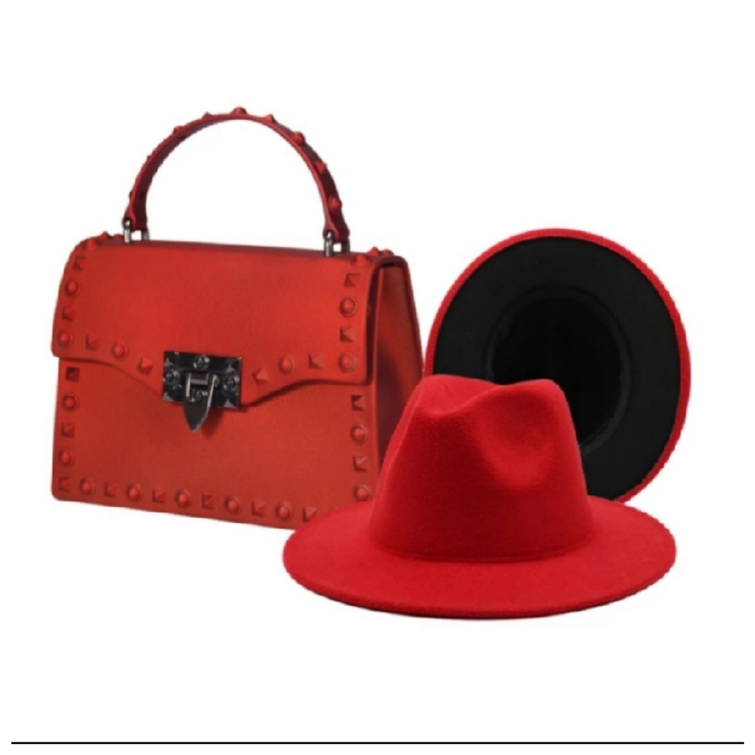 Red fedora hat with matching jelly purse