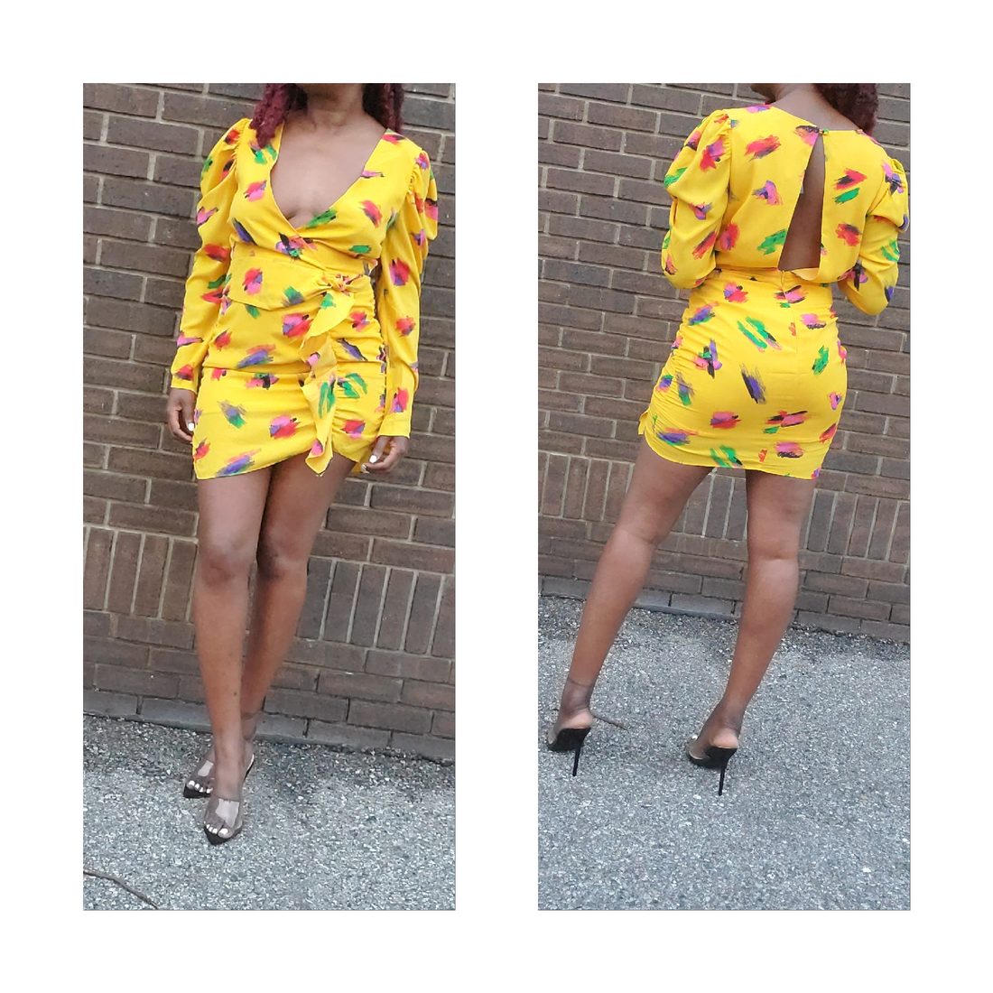 Yellow long sleeve deep V printed dress