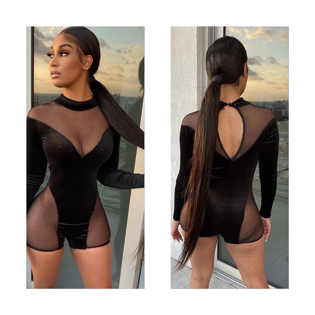Black velvet mesh short jumpersuit