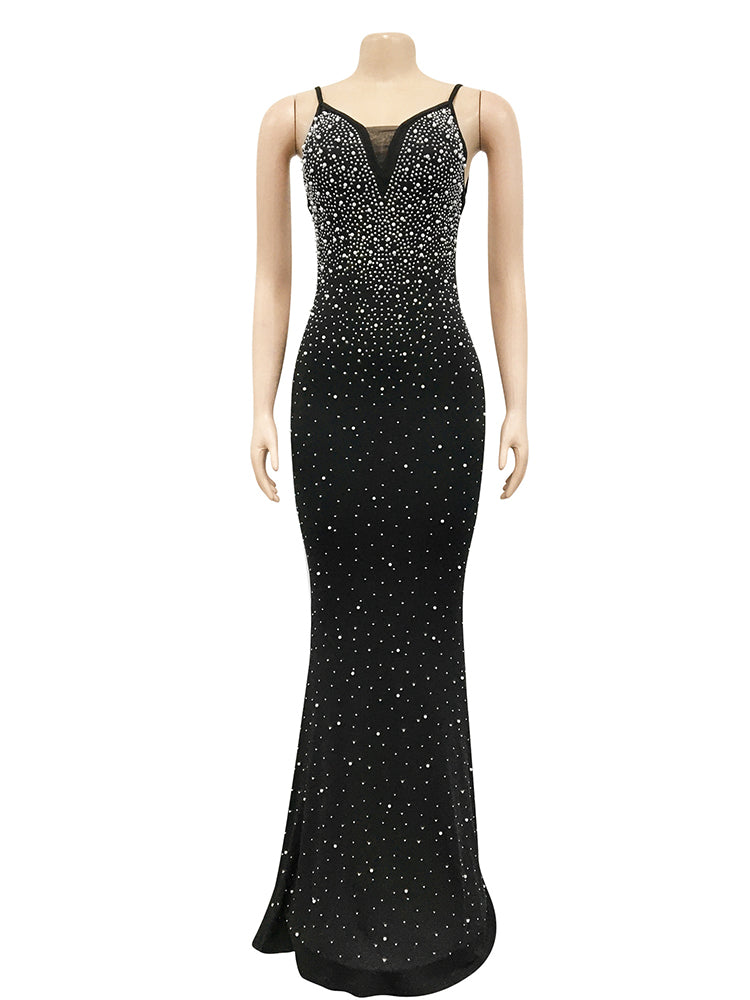 Rhinestone Spaghetti strap Backless Gown