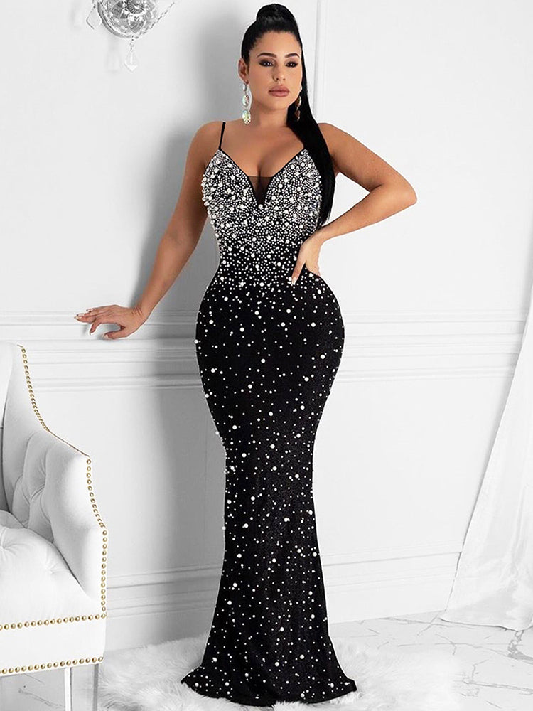 Rhinestone Spaghetti strap Backless Gown