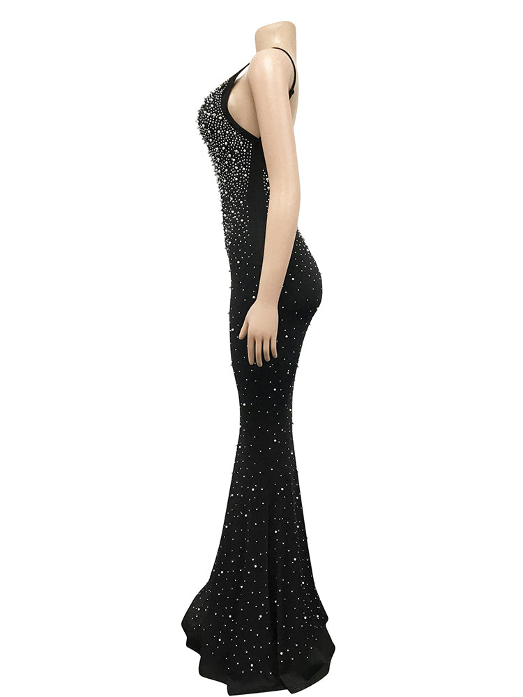 Rhinestone Spaghetti strap Backless Gown