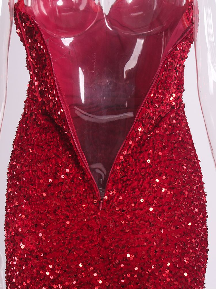 Strapless Red Sequin Evening Gown