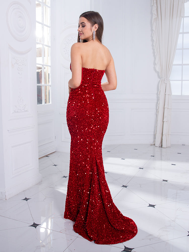 Strapless Red Sequin Evening Gown