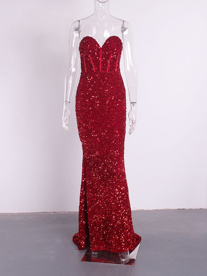 Strapless Red Sequin Evening Gown