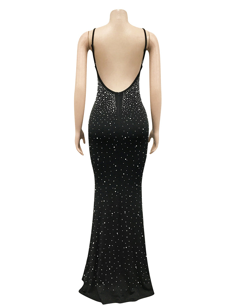 Rhinestone Spaghetti strap Backless Gown