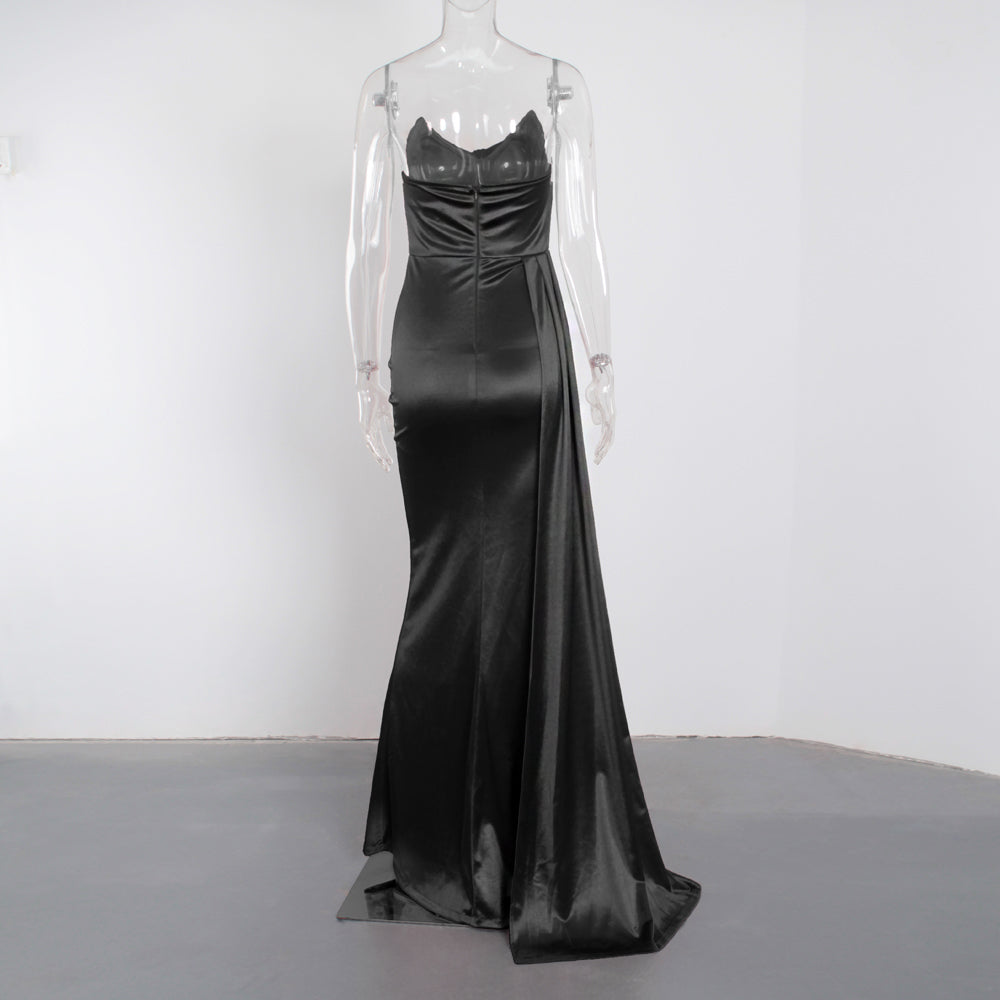 Black Strapless Ruched satin Evening Gown