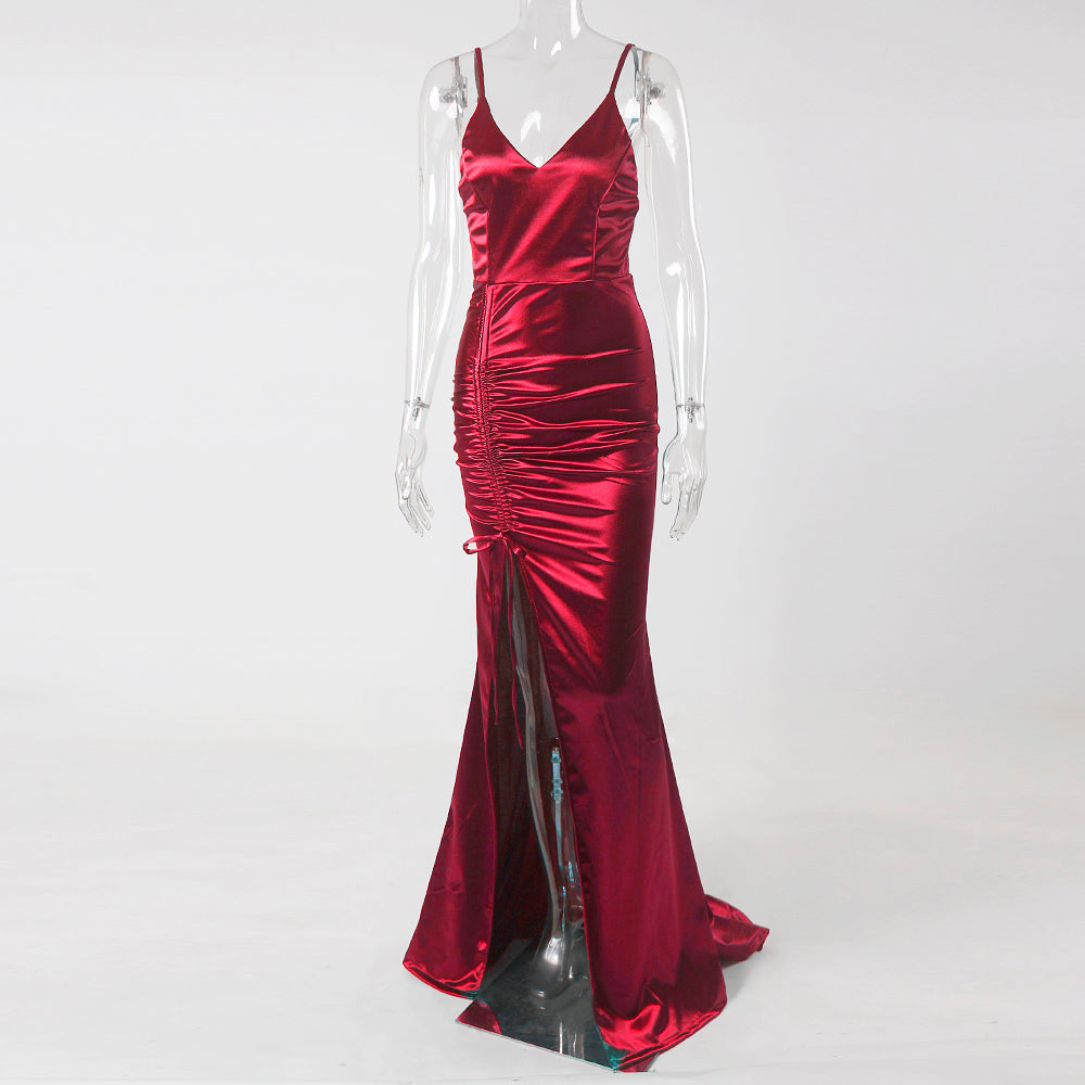 Burgundy Satin Drawstring Evening Gown