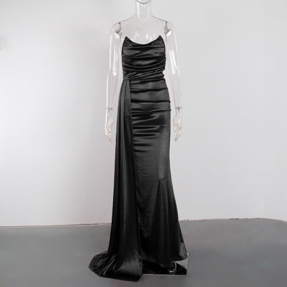 Black Strapless Ruched satin Evening Gown