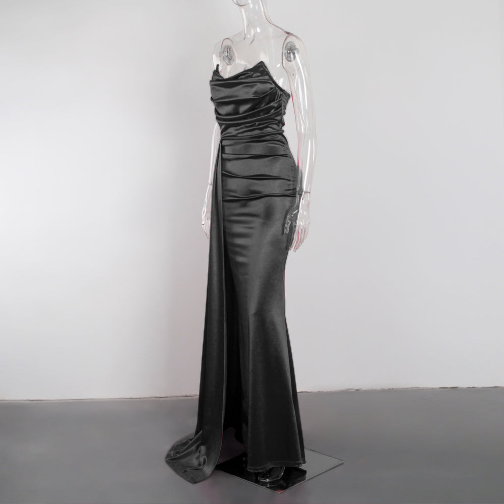 Black Strapless Ruched satin Evening Gown