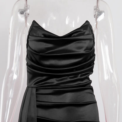 Black Strapless Ruched satin Evening Gown