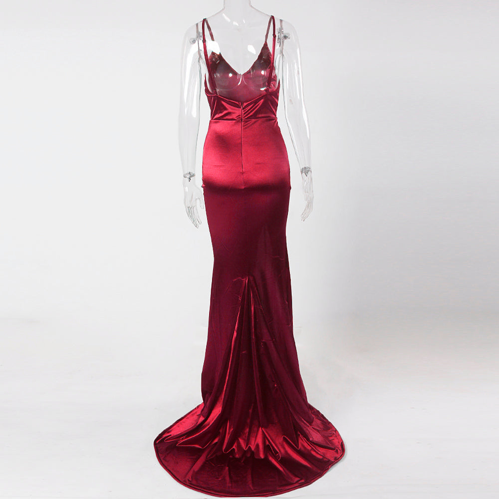 Burgundy Satin Drawstring Evening Gown