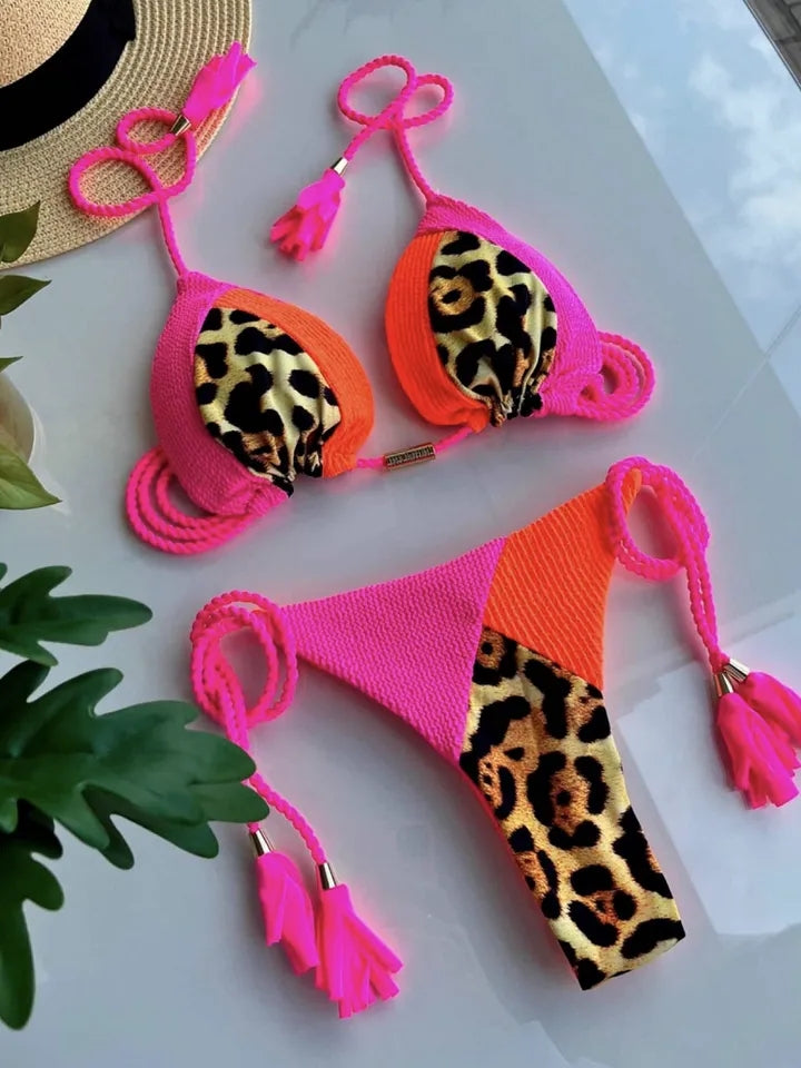 Sexy Leopard Colorblock Two Piece Bikini Swimsuit