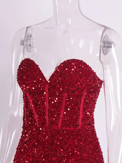 Strapless Red Sequin Evening Gown