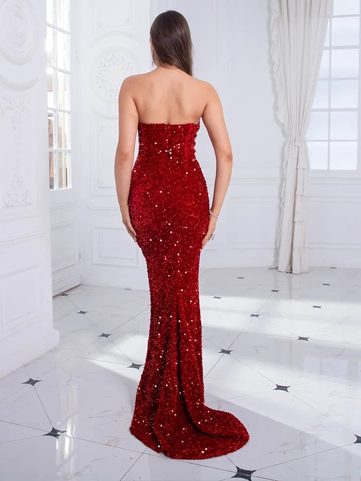 Strapless Red Sequin Evening Gown