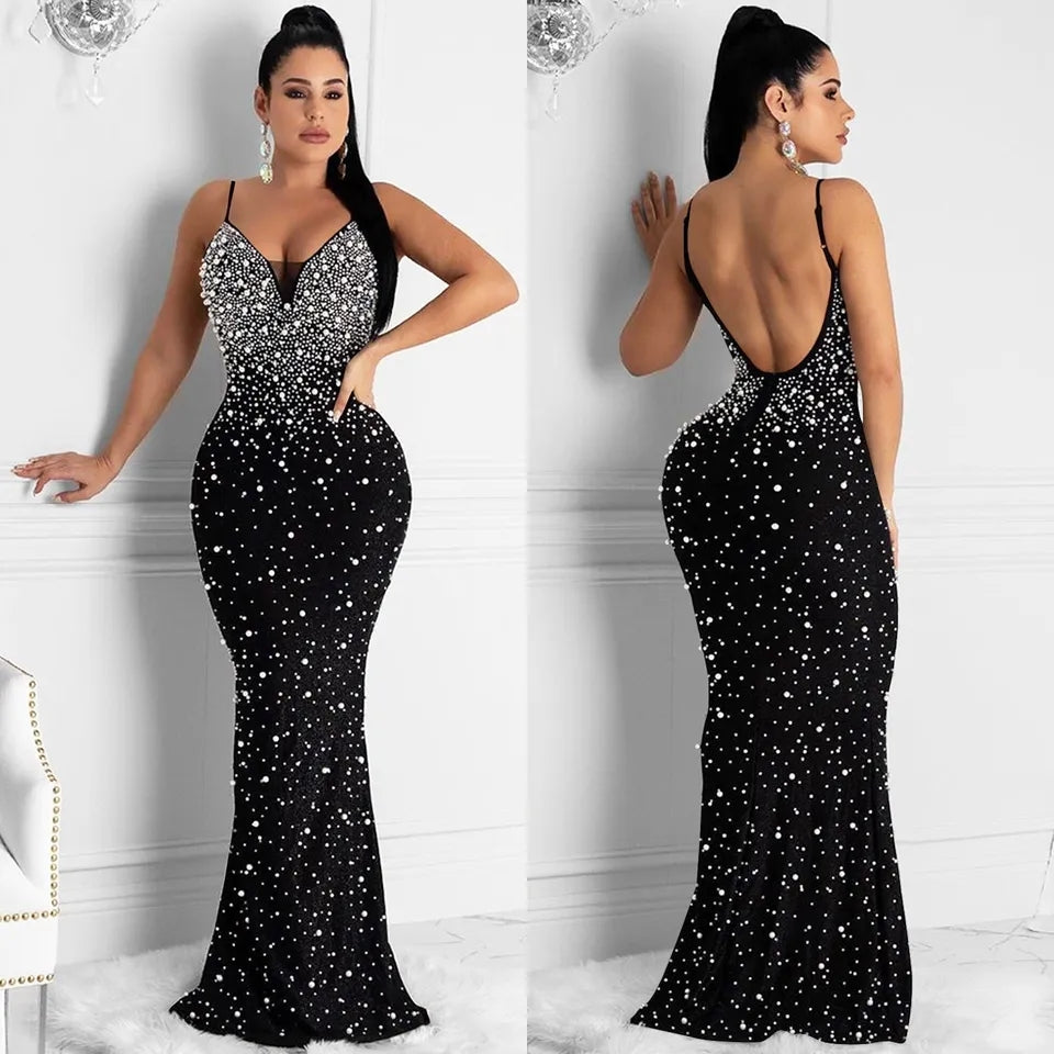 Rhinestone Spaghetti strap Backless Gown