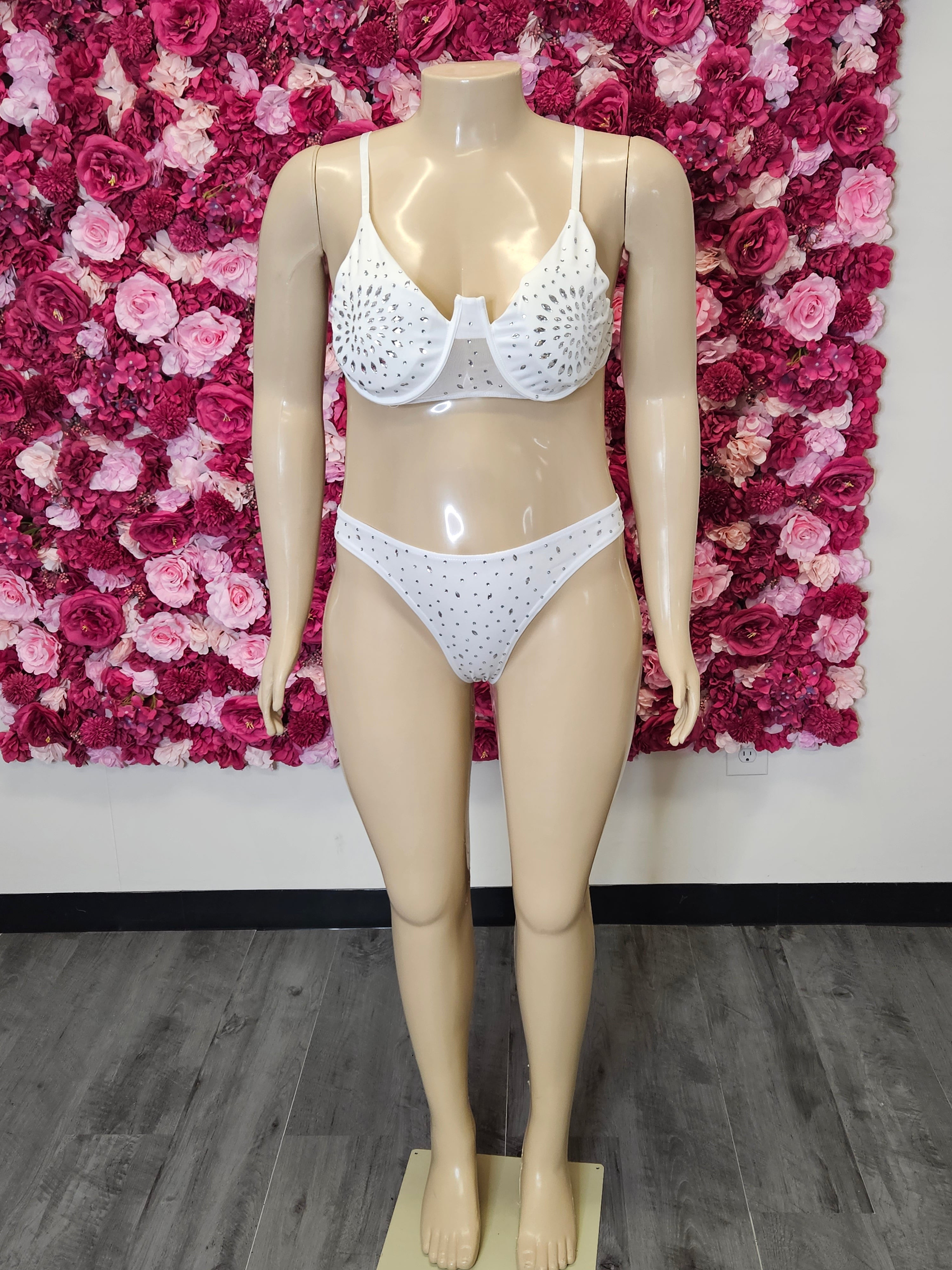 White 3 piece swimsuit Diamind Rhinestone Bikini Set with mesh cover up