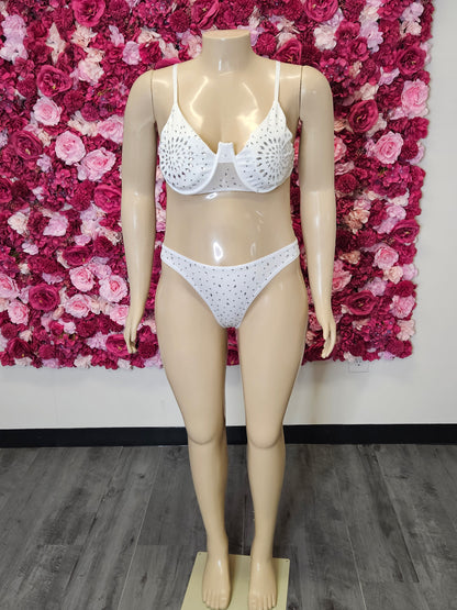 White 3 piece swimsuit Diamind Rhinestone Bikini Set with mesh cover up