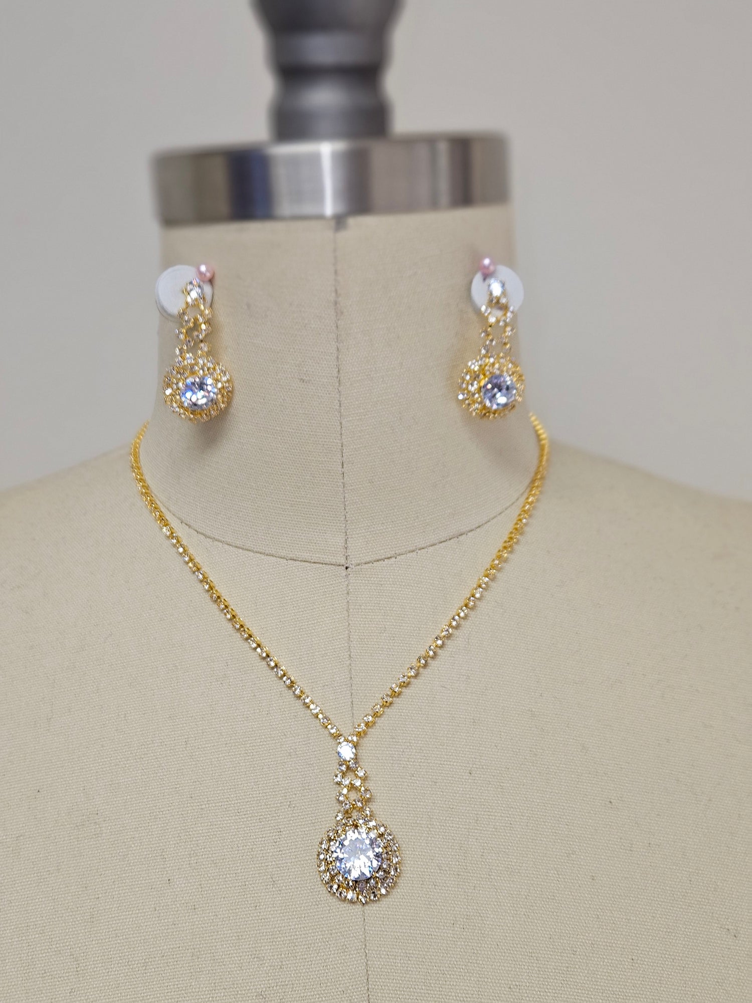 Gold Rhinestone Necklace Earring Set