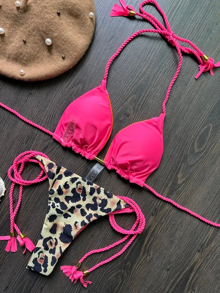 Sexy Leopard Colorblock Two Piece Bikini Swimsuit