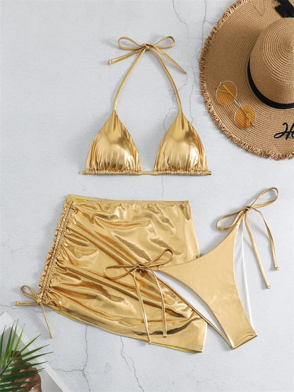 Gold 3 piece  bikini swimsuit set