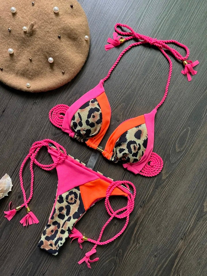 Sexy Leopard Colorblock Two Piece Bikini Swimsuit