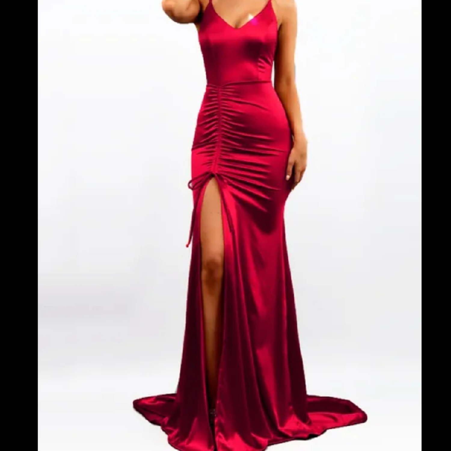 Burgundy Satin Drawstring Evening Gown