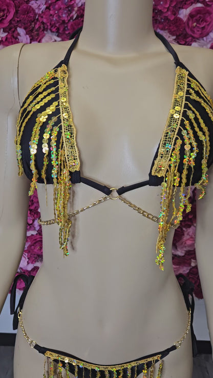 Sexy Gold Sequin Fringe Bikini Swimsuit