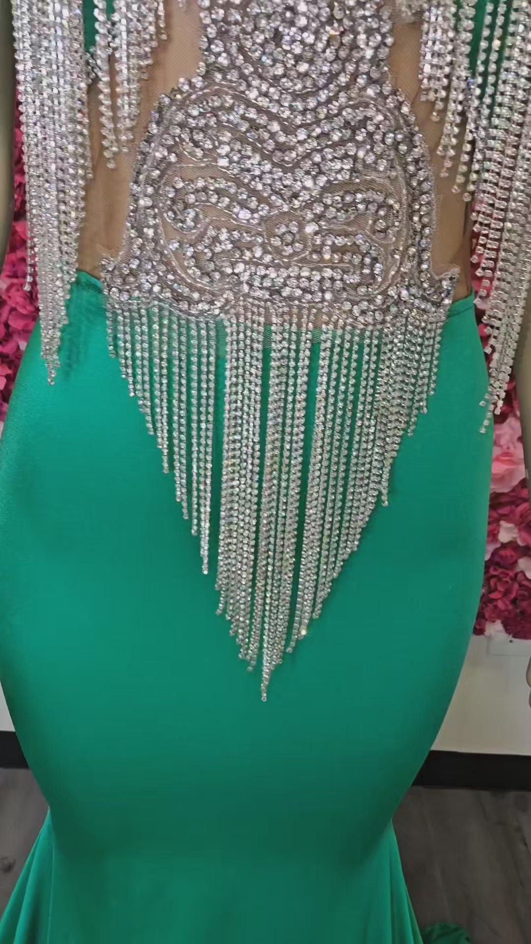 green and silver rhinestone gown USA