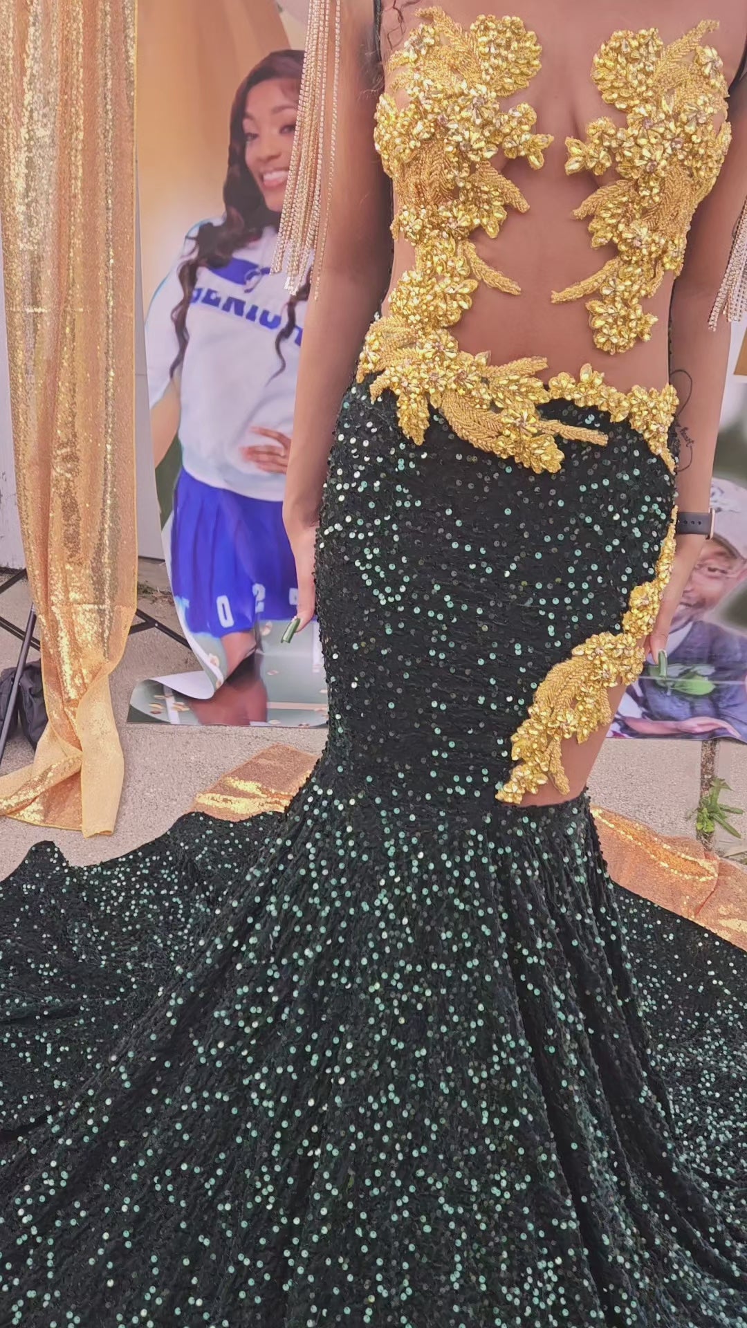 Emerald Green &amp; Gold Mermaid Gown