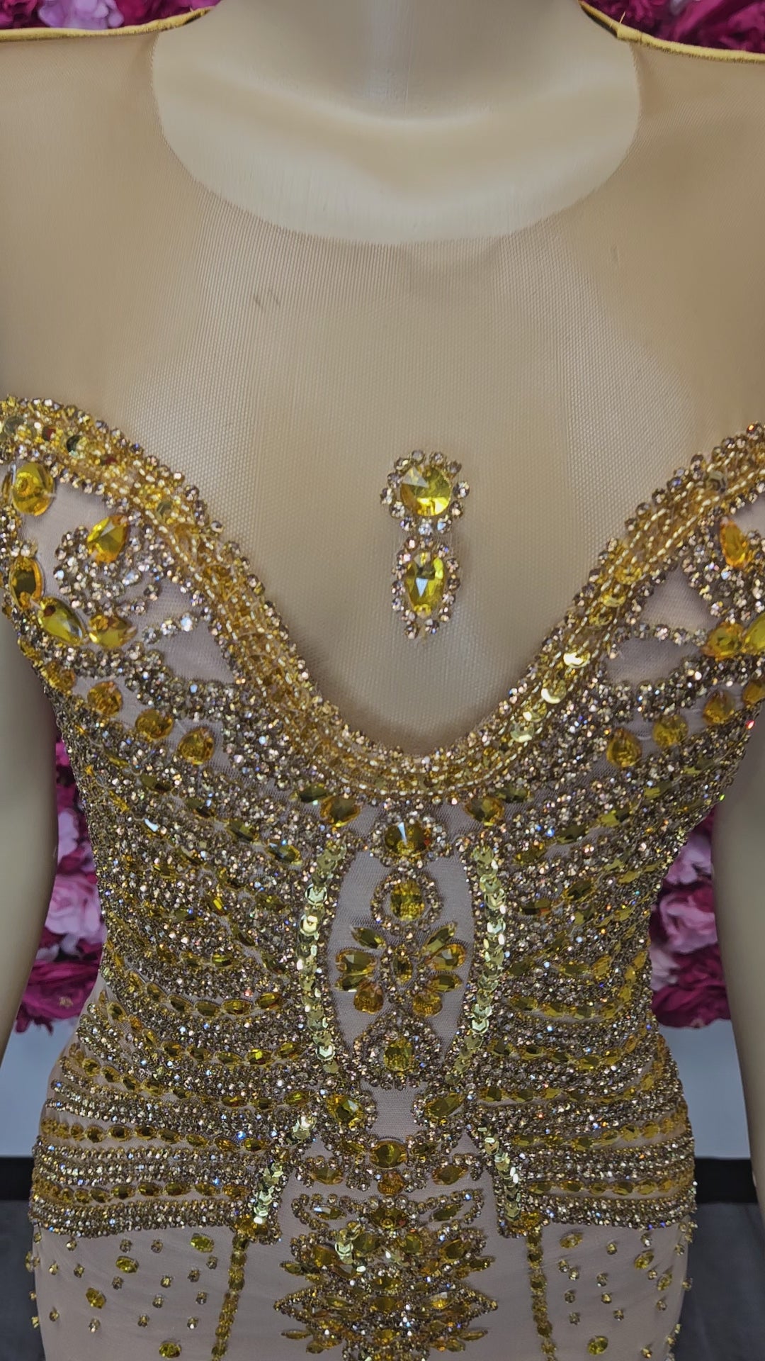 MEGABUCKS | Nude &amp; Gold Crystal Rhinestone Mini Dress